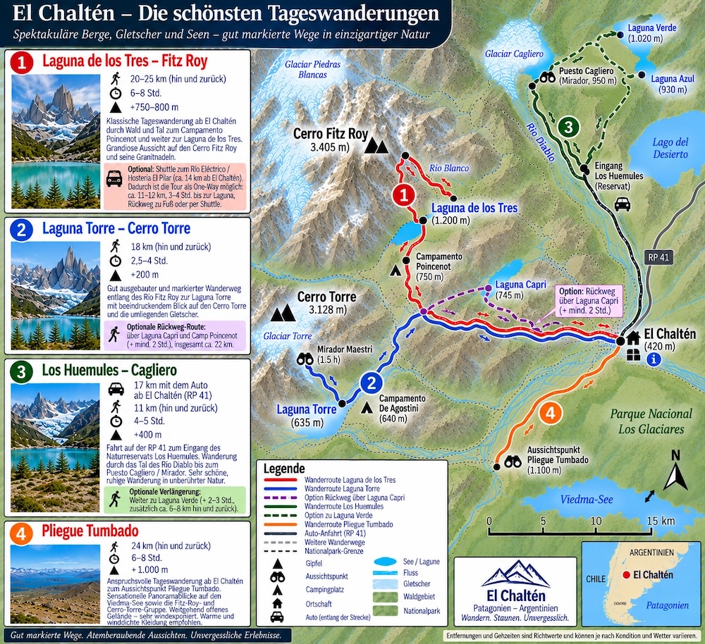 Empfohlene Wanderungen El Chaltén, Fitz Roy - Karte